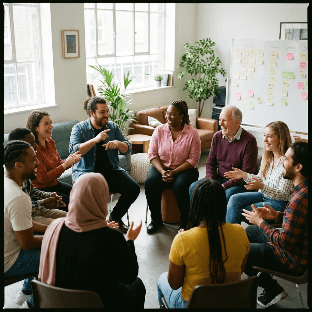 Diverse group of people sitting in a circle, laughing and talking during a group session.